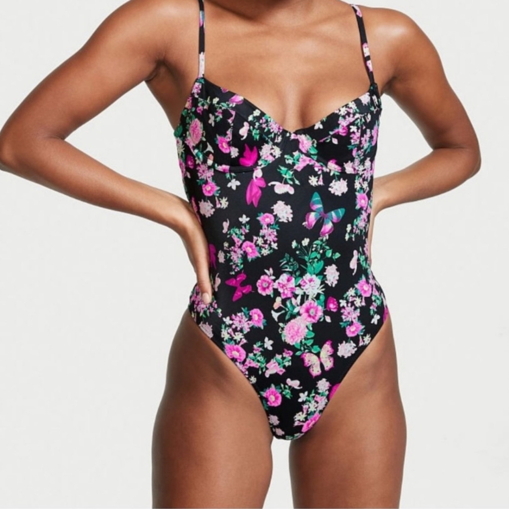 Victoria's Secret Black Floral One-Piece Swimsuit with Pink & Green Accents
